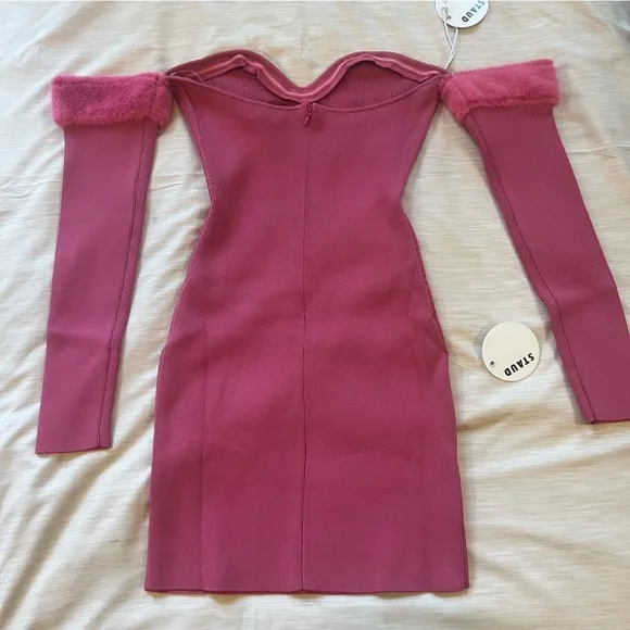 Staud Josee Fur Trimmed Long Sleeve Pink Mini Dress , NEW - Picture 5 of 16